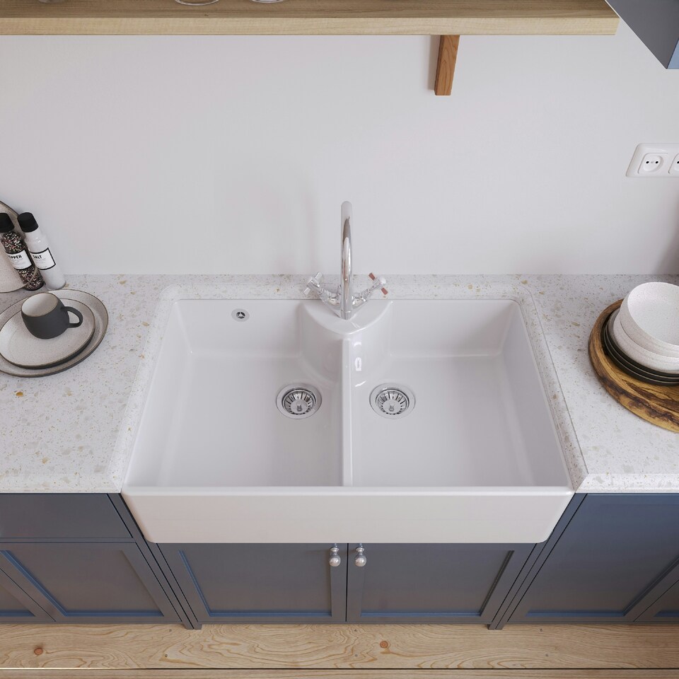 image 1 of Fireclay 895mm Double Bowl Butler Kitchen Sink - With Overflow, Mixer Tap & Wastes - Traditional Ceramic Belfast by Balterley