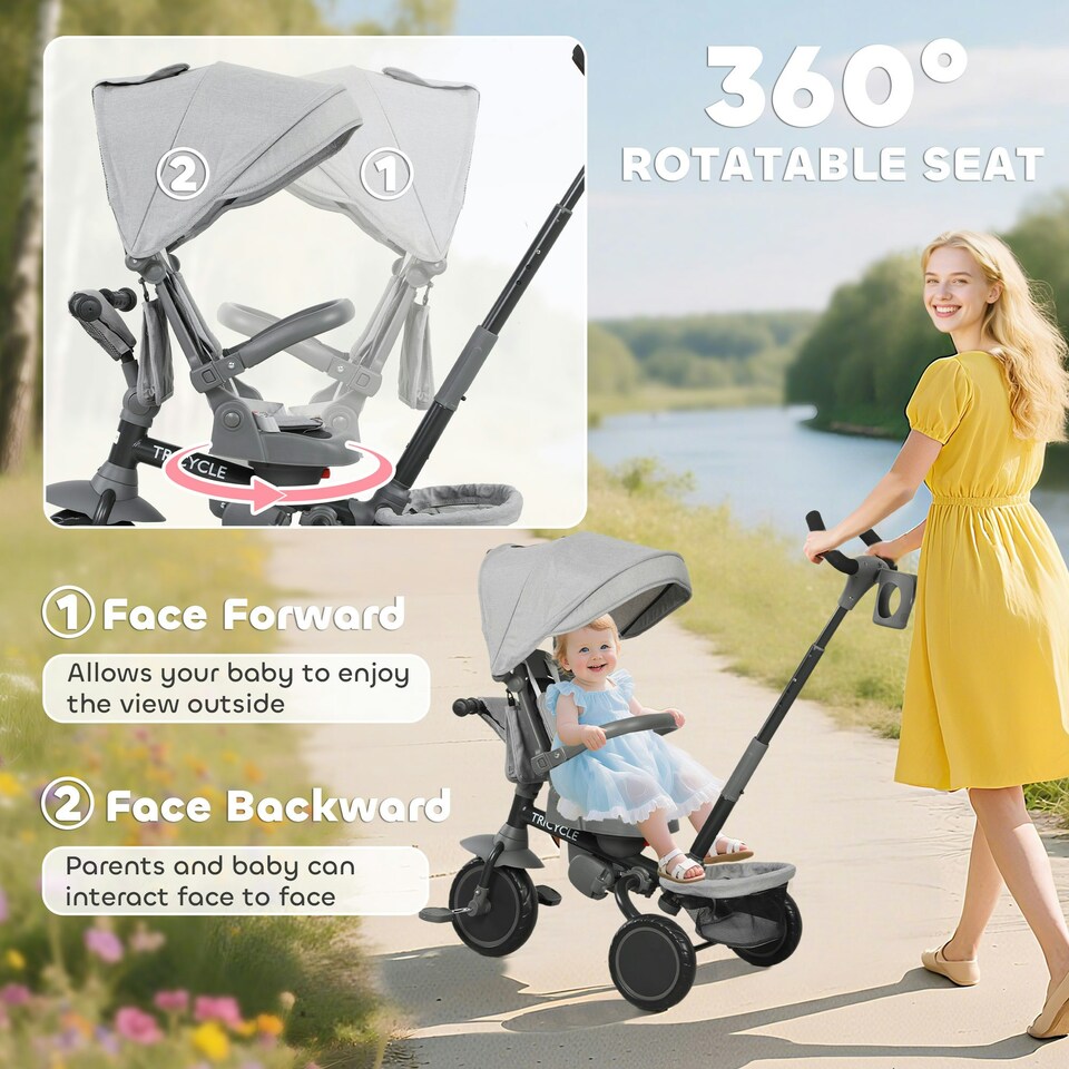 image 1 of AIYAPLAY 6 in 1 Kids Trike, Toddler Tricycle with Parent Handle, Grey