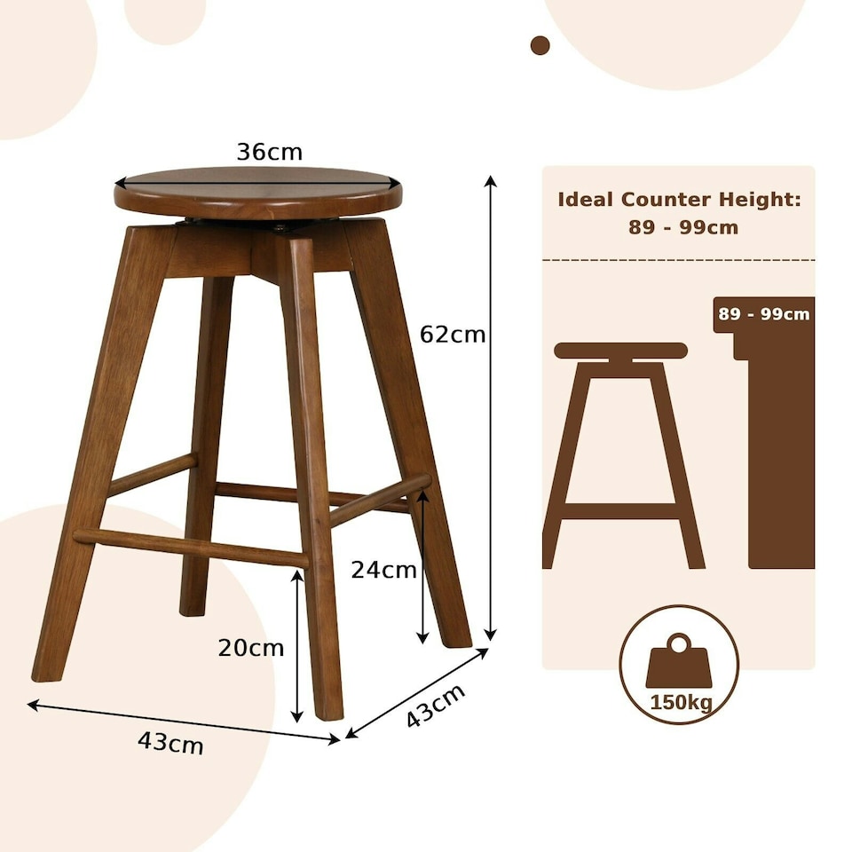 image 1 of COSTWAY Set of 2 Bar Stools Counter Height Chair 360° Swivel Brown