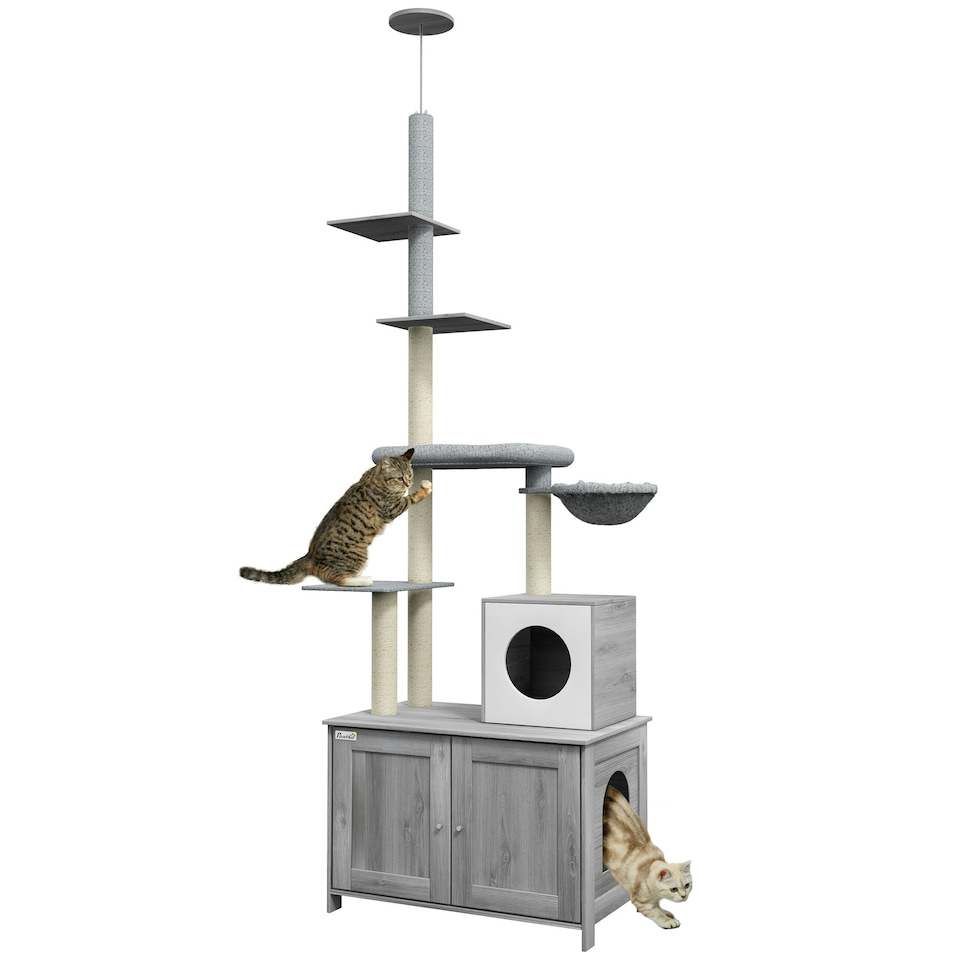 image 1 of PawHut 2-in-1 Hidden Litter Box with Floor-To-Ceiling Cat Tree, Indoor - Grey
