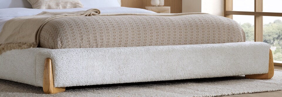 image 1 of 5ft King Size Low Profile White Soft Fabric Upholstered Wood Bed Frame | White | King