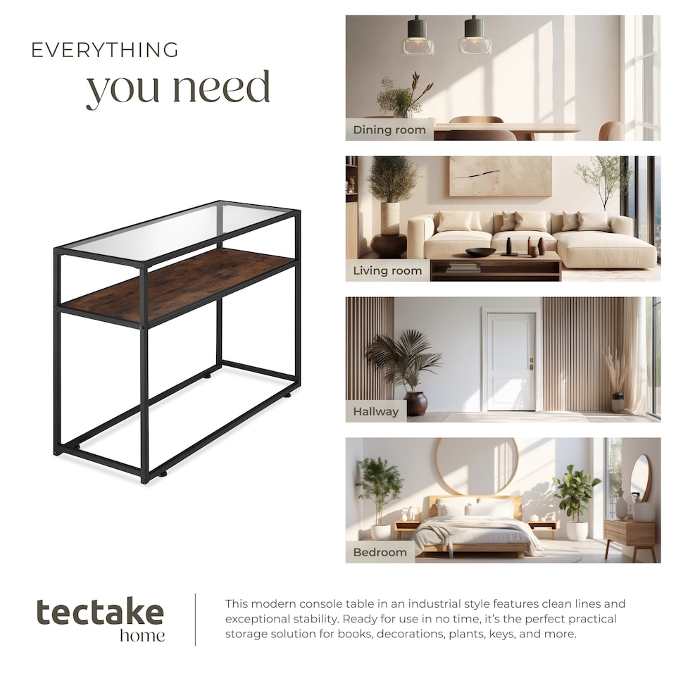 image 1 of Console Table Kilkenny - 2 shelves, with glass top surface | Brown | Industrial wood dark, rustic | 100 x 41 x 80,50 cm | 1