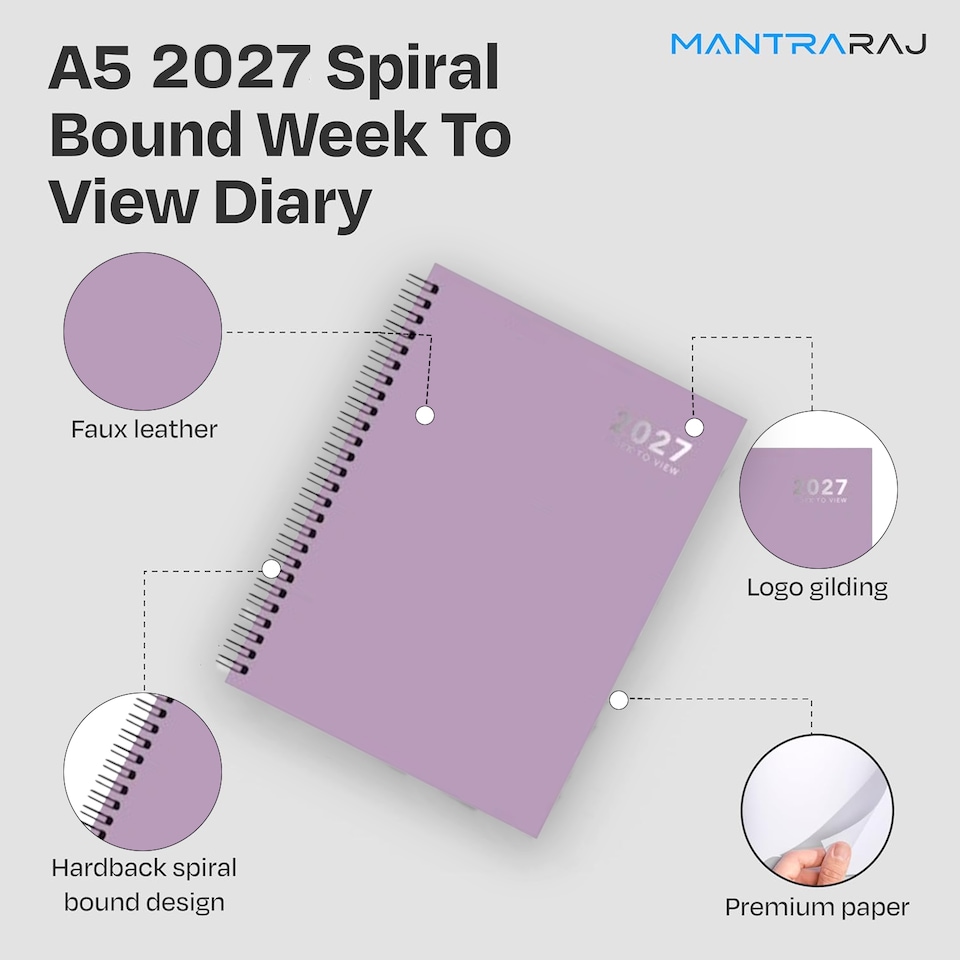 image 1 of 2027 Diary A5 Size Wiro Week to View Bright Diary Spiral Week To View Hardcover Diaries Planner Organizer (Purple)