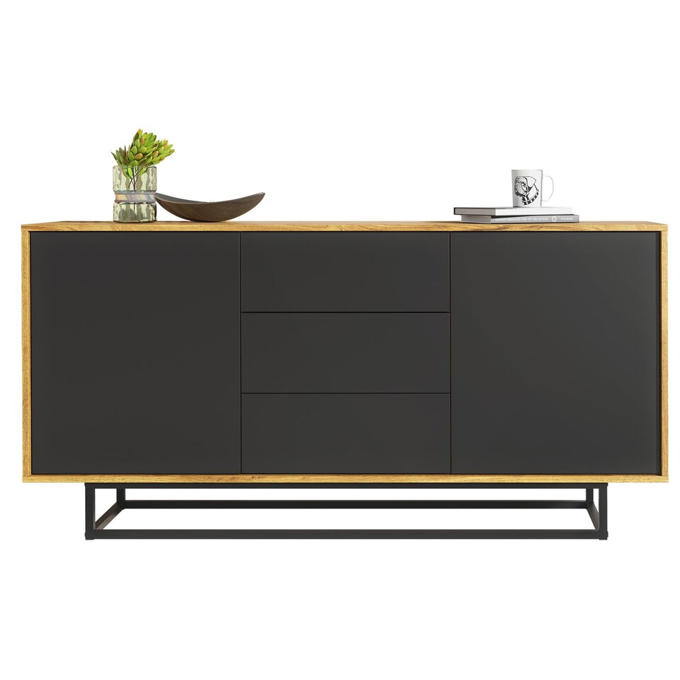 image 1 of Sideboard Cabinet Chest of Drawers Storage Cabinet Oak Black Industrial Loft 140cm