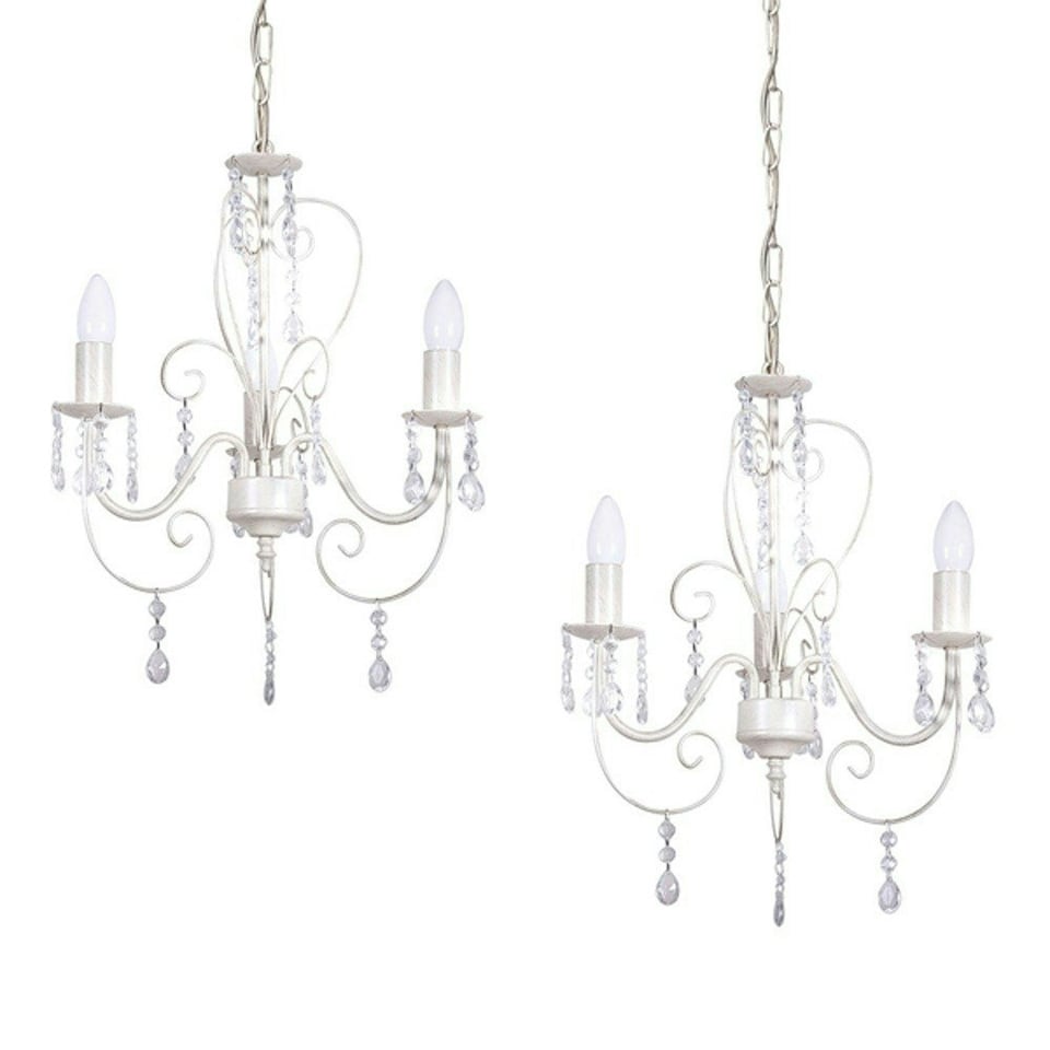 image 1 of ValueLights Pair Of Three-Way Chandelier Ceiling Lights In Distressed White Cream Finish | Cream