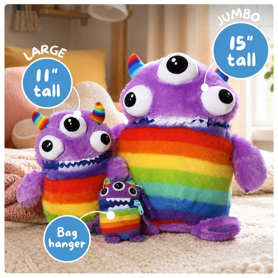 image 1 of Kids Worry Yummy Monster Cuddly Plush Toy Gift Set of 3 - Jumbo, Large and Clip-On Sizes Included