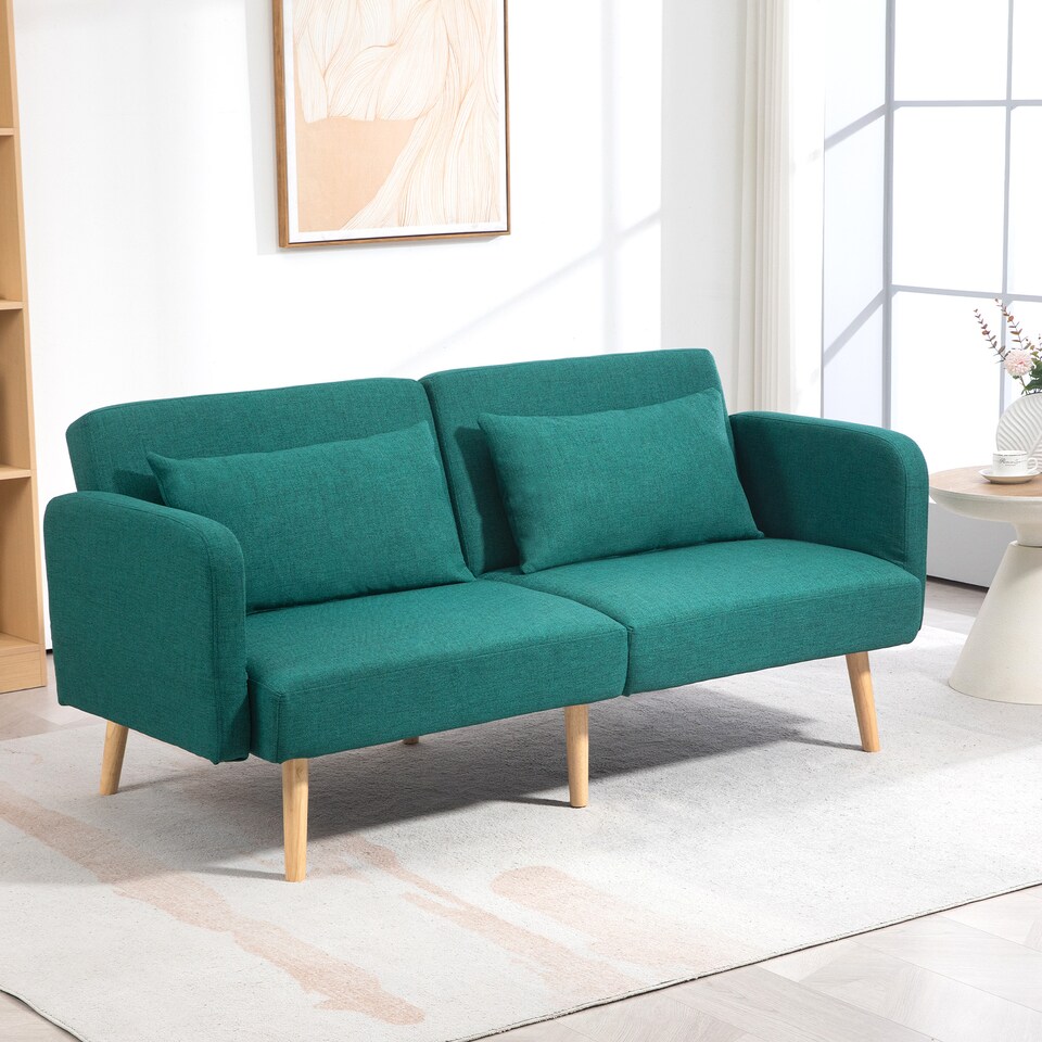 image 1 of HOMCOM Click Clack Sofa Bed, 3 Seater Sofa, Convertible Bed Settee, Modern Fabric Loveseat Sofa Couch with 2 Cushions for Living Room, Guest Room, Green