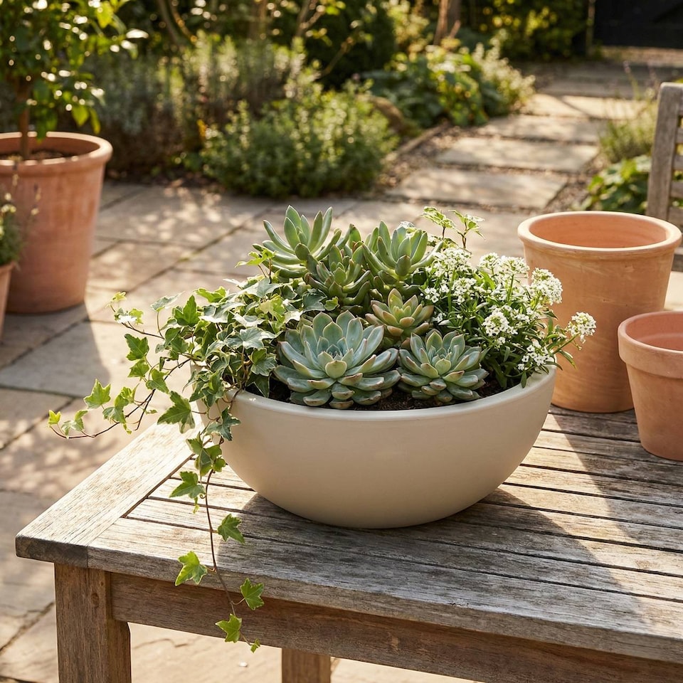 image 1 of 40cm Large Round Decorative Planter | Cream | 1
