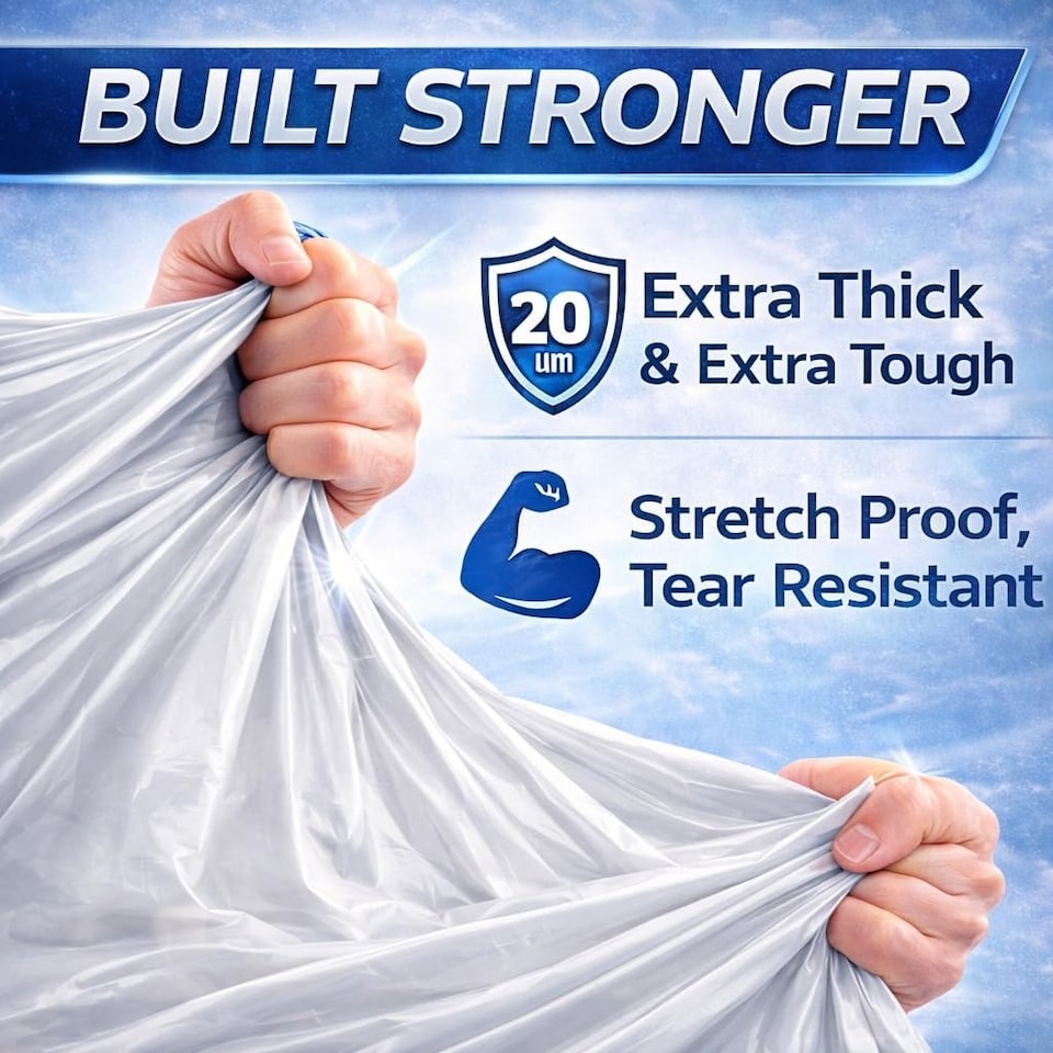 image 1 of Hero Swing Bin Bag Liners – 12 White Drawstring Refuse Sacks | Embossed Stretchable Strong Bin Bags 50–60L for Bathroom, Bedroom & Kitchen Bins