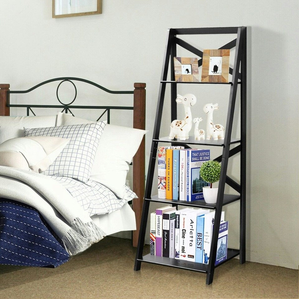 image 1 of COSTWAY 4 Tier Ladder Shelf Storage Wooden Bookcase Black Black