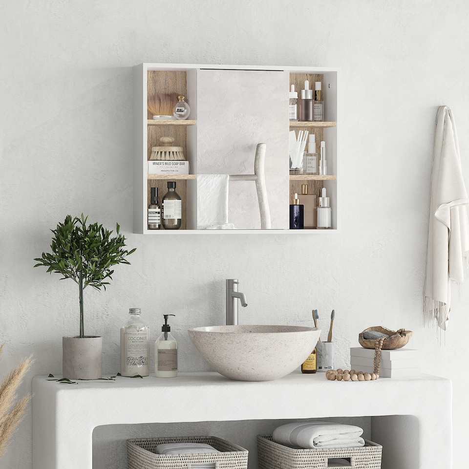 image 1 of HOMCOM Wall Mounted Bathroom Storage Cabinet w/ Mirrored Door, Adjustable Shelf