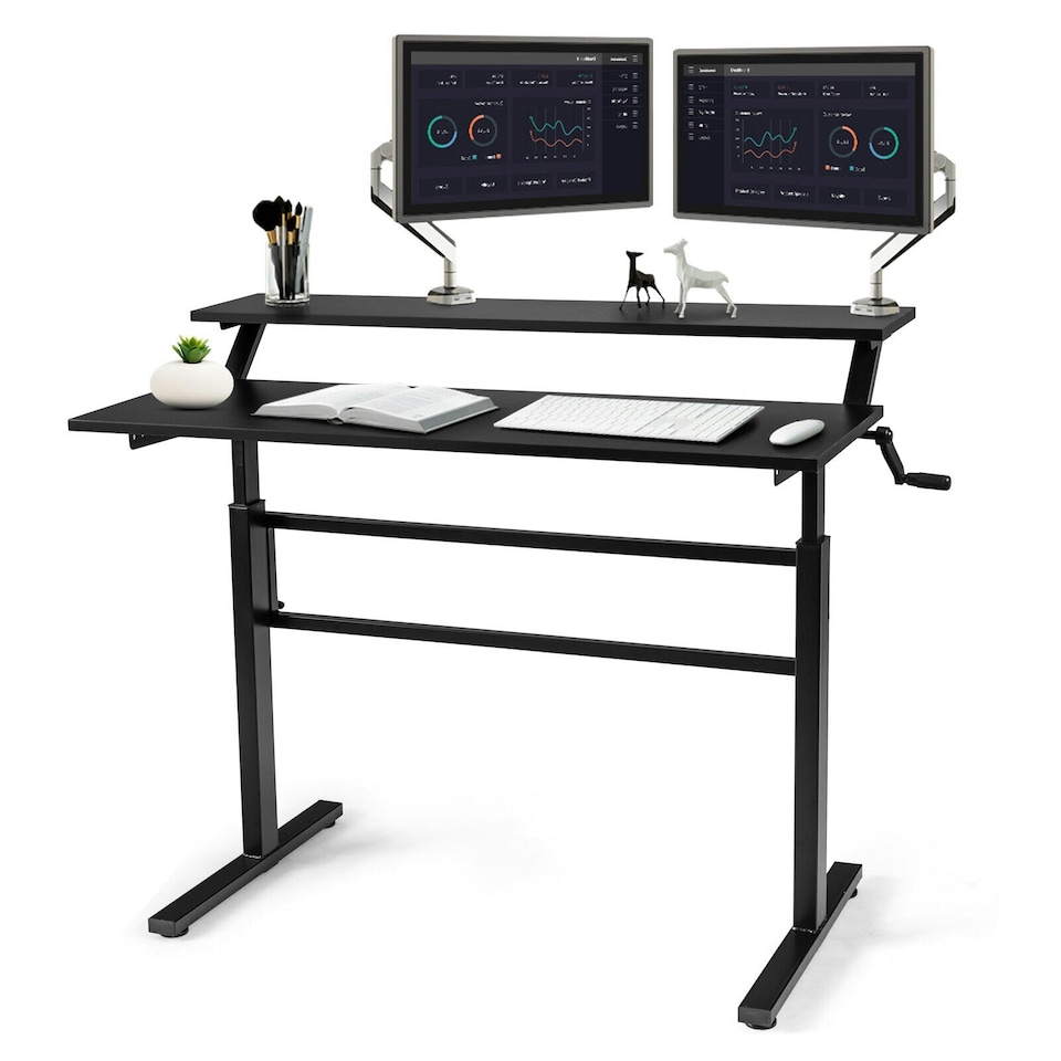 image 1 of COSTWAY 2-Tier Standing Computer Desk Sit to Stand Black Black