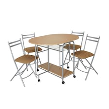 Greenhurst Foldable Dining Set for 4 – Oak & Silver Space-Saving Table with Storage & Chairs Brown | Silver