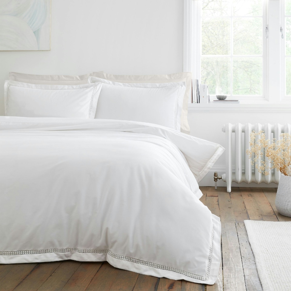 image 1 of Bianca Oxford Lace Trim 200 Thread Count Cotton Duvet Cover Set White White | King
