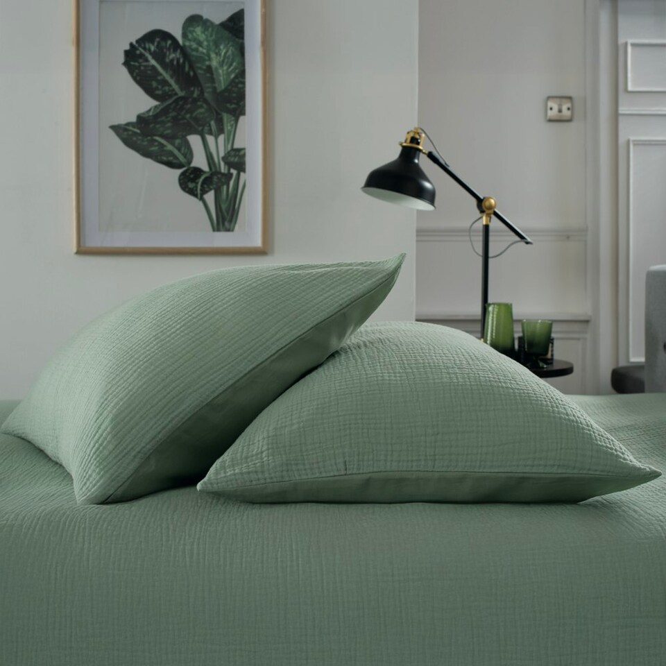 image 1 of St Quentin 100% Cotton Double Gauze Duvet Cover Set - Soft & Breathable Bedding - 180 Thread Count Green | Green | Single