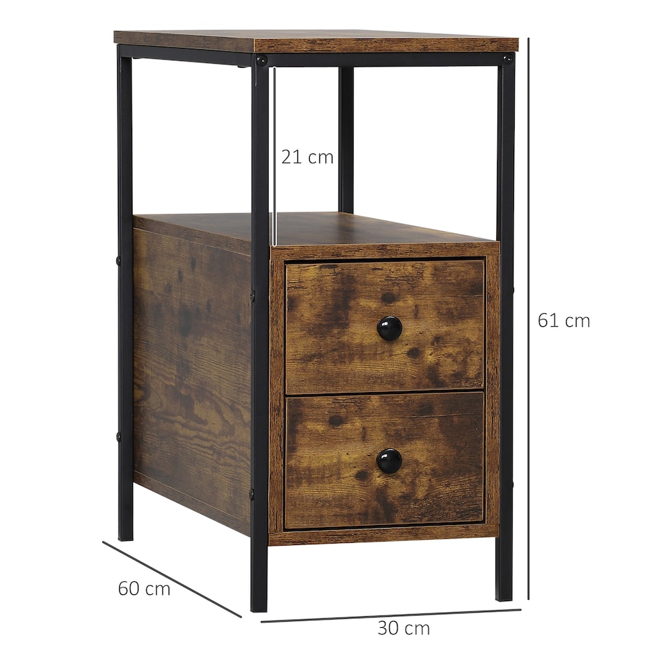 image 1 of HOMCOM Side Table, Narrow Bedside Table with 2 Drawers and Storage Shelf, Industrial End Table with Metal Frame for Small Spaces, Rustic Brown | Brown
