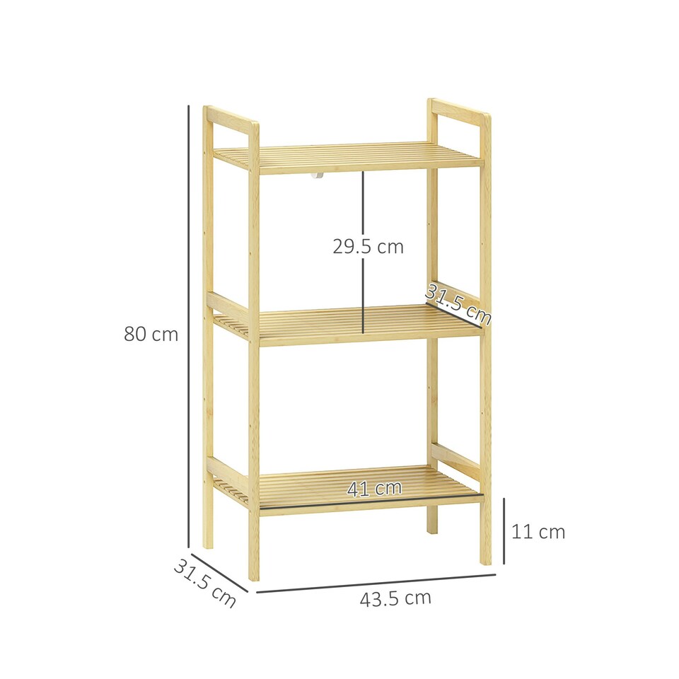 image 1 of HOMCOM 3-Tier Bamboo Bathroom Storage Shelf with Adjustable Rack, Natural