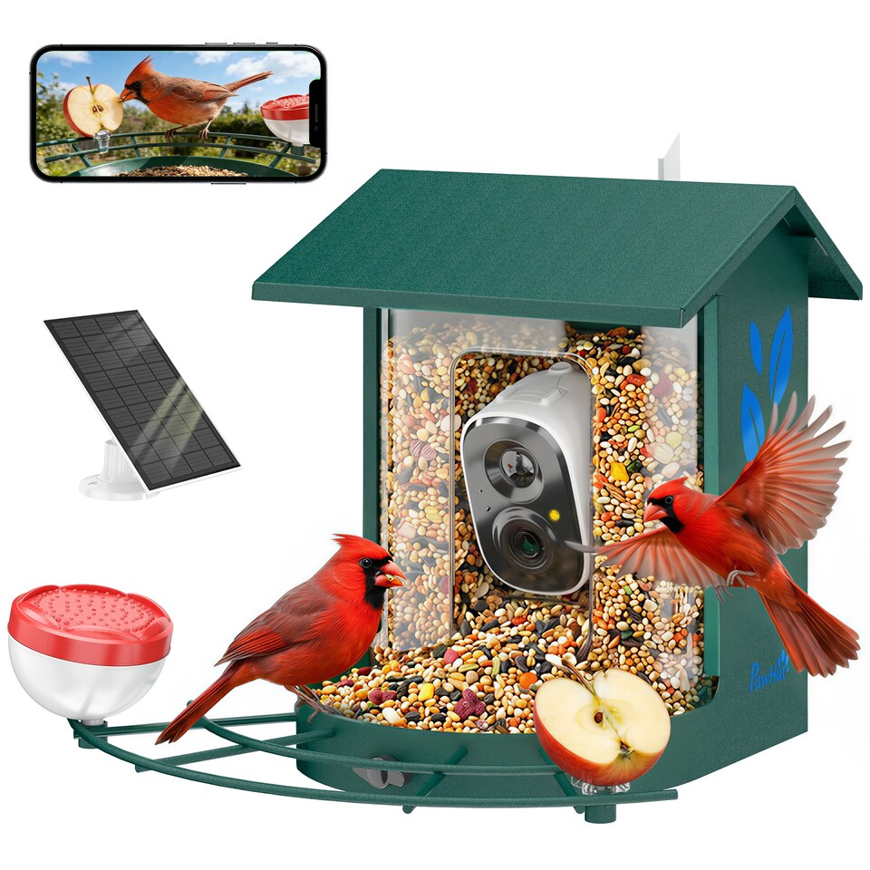 image 1 of PawHut Bird Feeder with Camera, Smart Bird Feeder Camera AI Identifies 16,000 Plus Species, 2K HD Auto Capture Video, APP Instant Notifications, Hummingbird Feeding Add-ons, 3W Solar Panel, 32GB Card