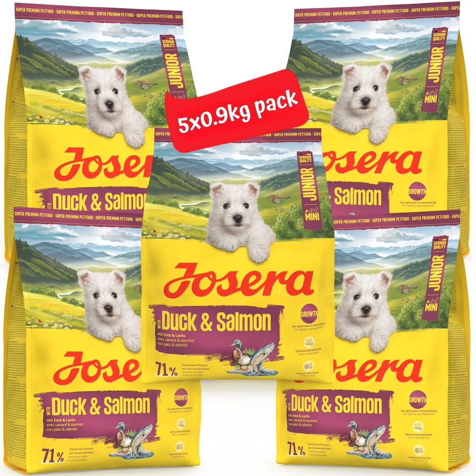 image 1 of Josera Mini Junior Duck & Salmon | Complete dry food for toy & small breeds | Gluten free | Tartar control | Herbs & fruits | Joint support | 5x0.9kg