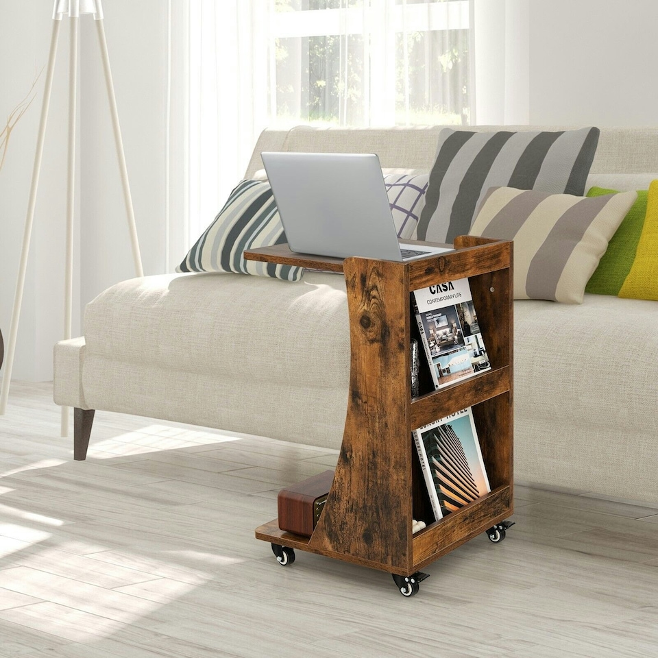 image 1 of COSTWAY C-Shaped End Table Mobile Sofa Side Table Brown