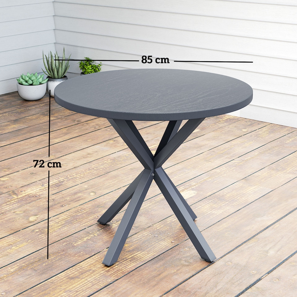 image 1 of Outsunny Garden Table, 85cm Round Outdoor Dining Table with Steel Frame, Wood Effect Top, for Balcony, Deck, Dark Grey | Grey