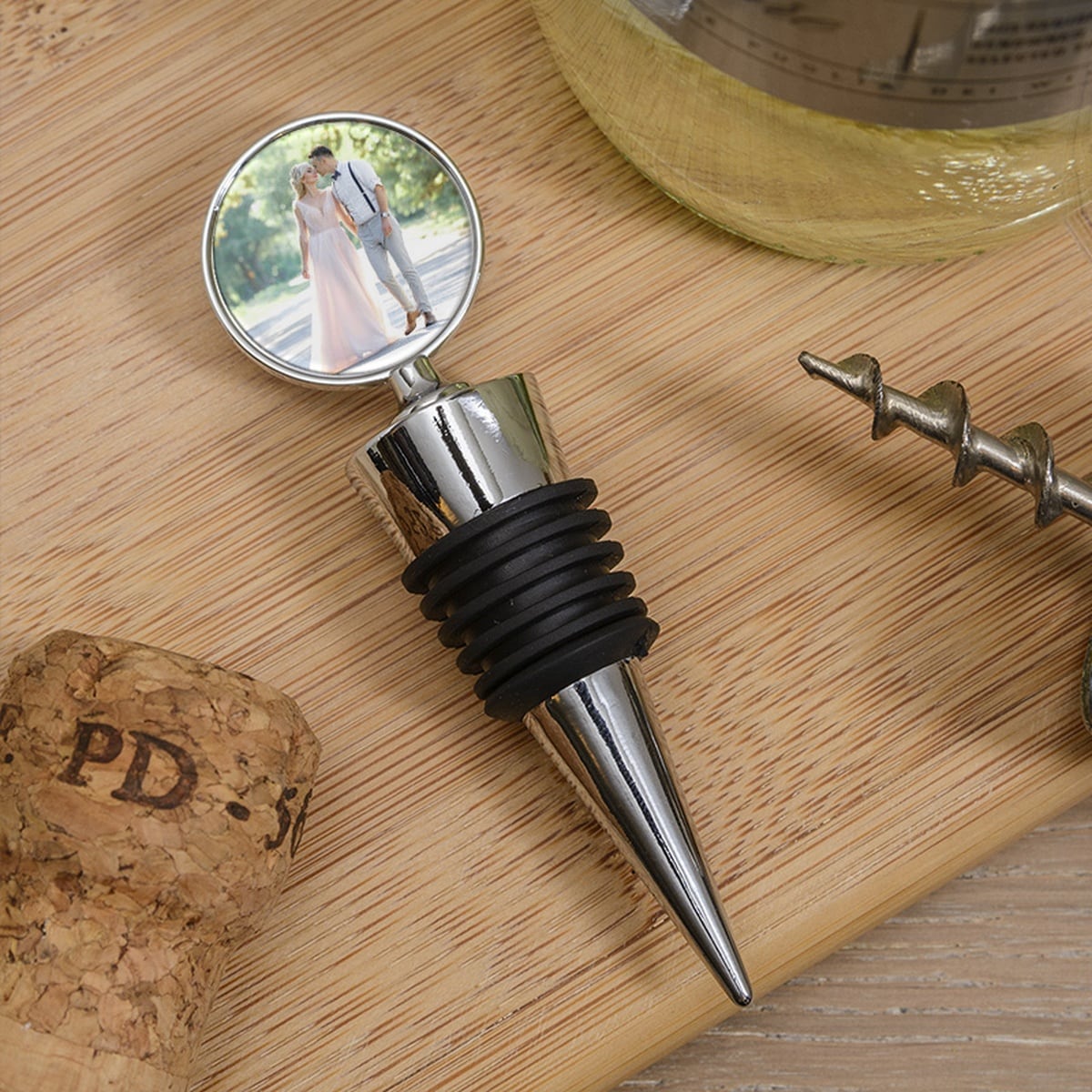 Uniqueful Personalised Photo Upload Bottle Stopper Wedding Gift for Couple in Silver | Size: 1 Pack