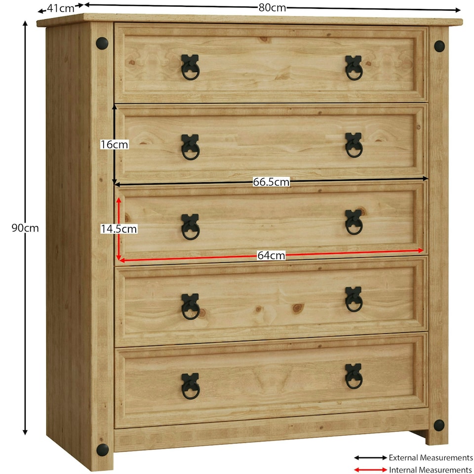 image 1 of Vida Designs Corona 5 Drawer Chest of Drawers Rustic Furniture, Solid Pine Wood