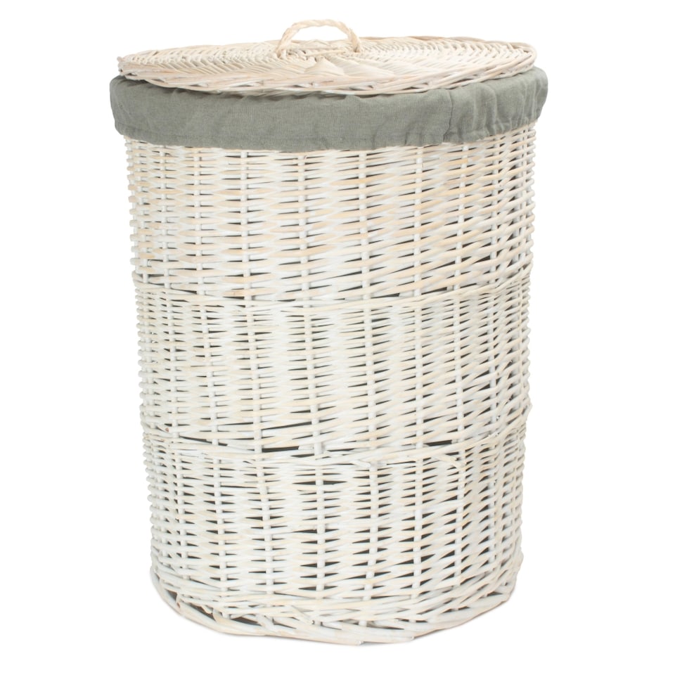 image 1 of Large Round White Wash Laundry Hamper with Grey Sage Lining | Grey | Grey