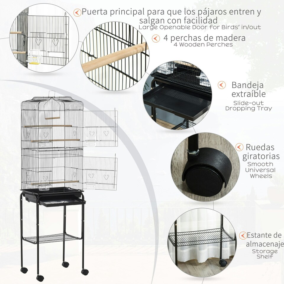 image 1 of PawHut Bird Cage for Budgie Finch Canary Parakeet W/ Stand Sliding Tray Black