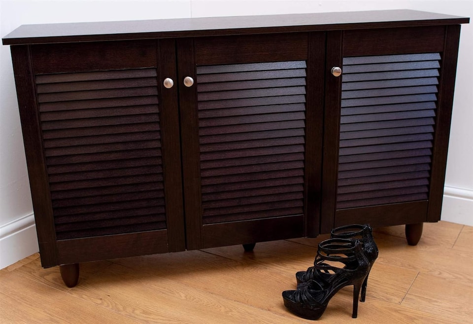image 1 of Essentials Modern Shoe Storage Cabinet 3 Doors Footwear Stand Rack Unit Cupboard Dark Wenge