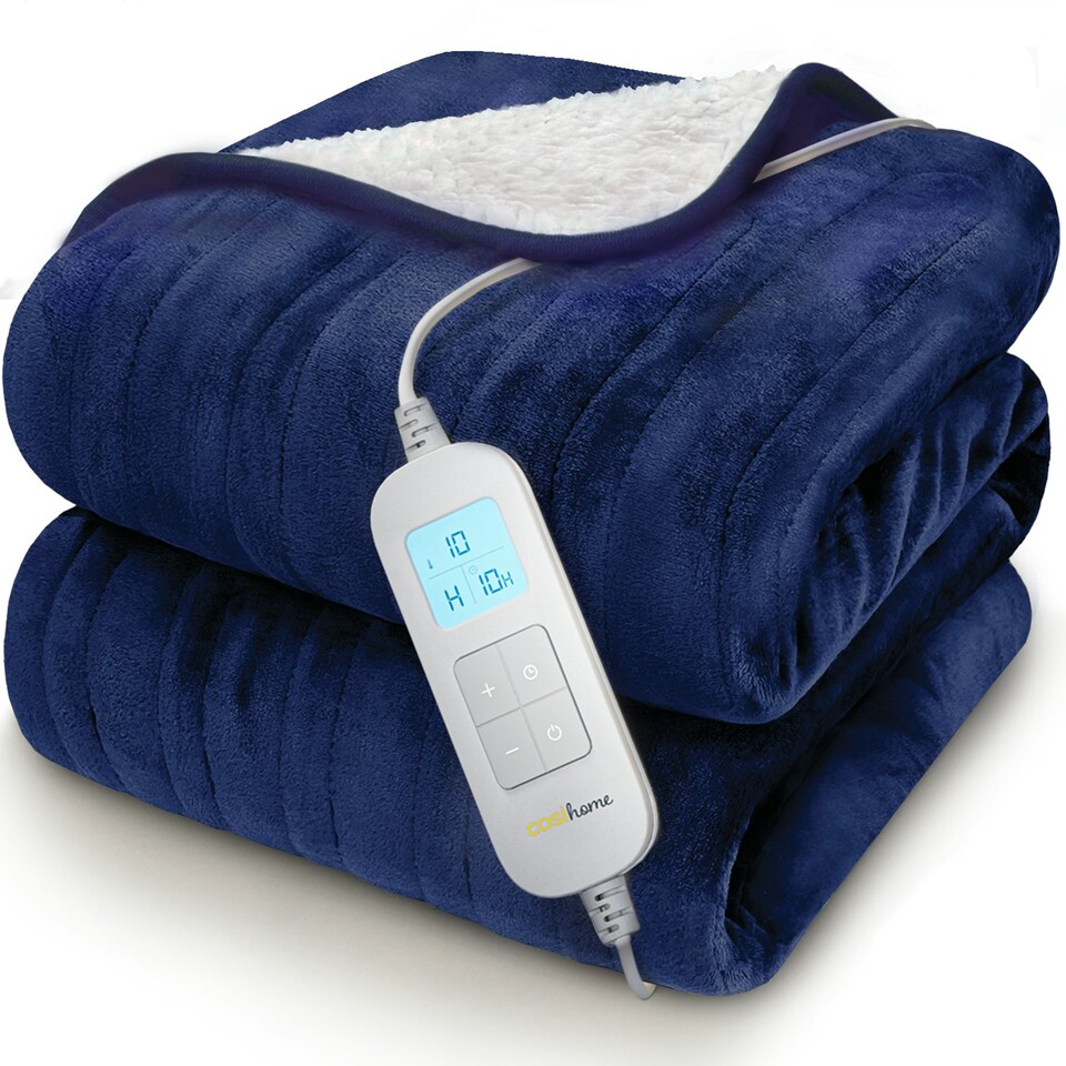 image 1 of Fleece & Sherpa Electric Heated Throw - Navy