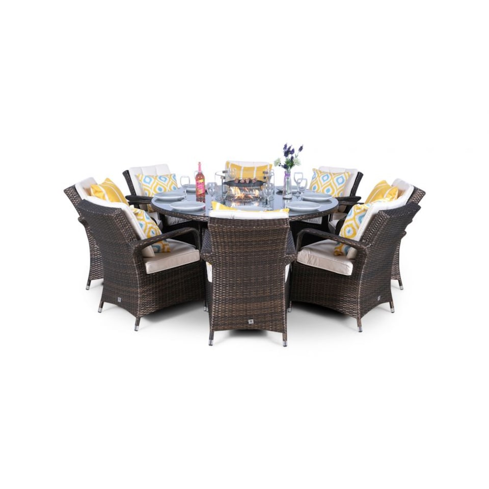 image 1 of Arizona Fire Pit 8 Seater Round Rattan Dining Set | Brown | Brown