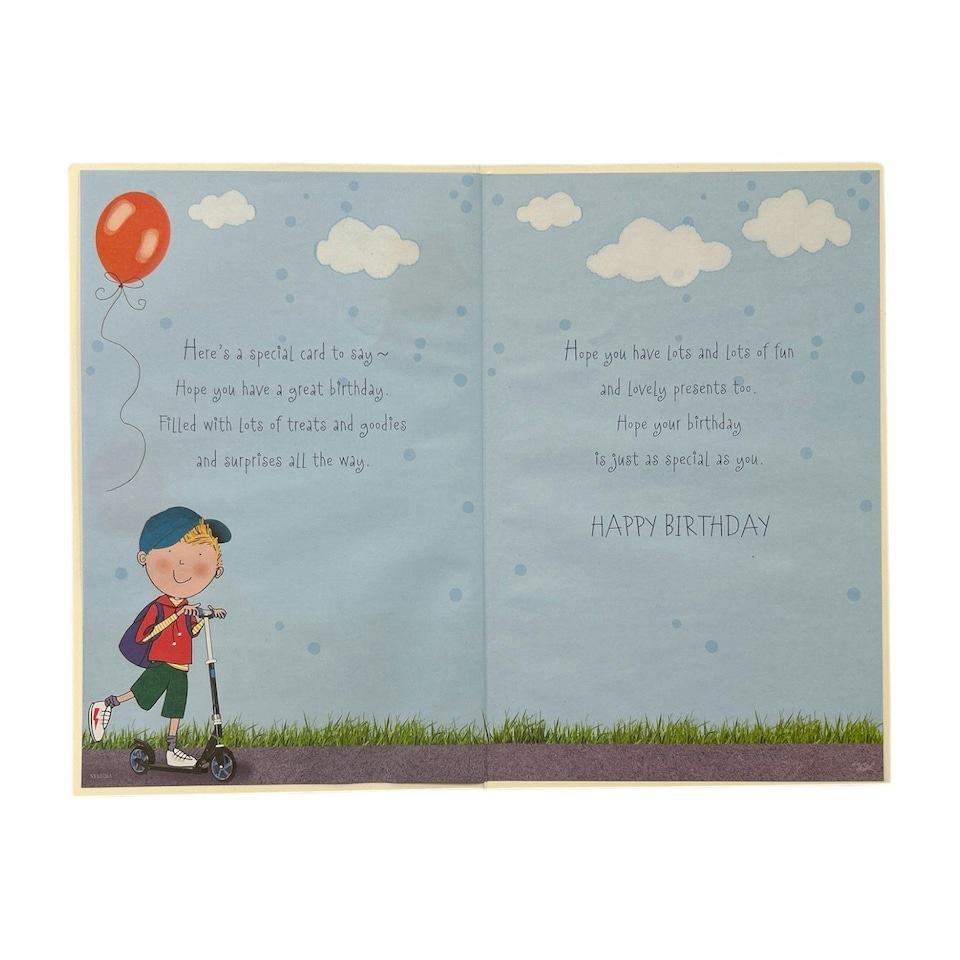 image 1 of Son Age 6 Boy Riding A Scooter Juvenile Birthday Card With Badge