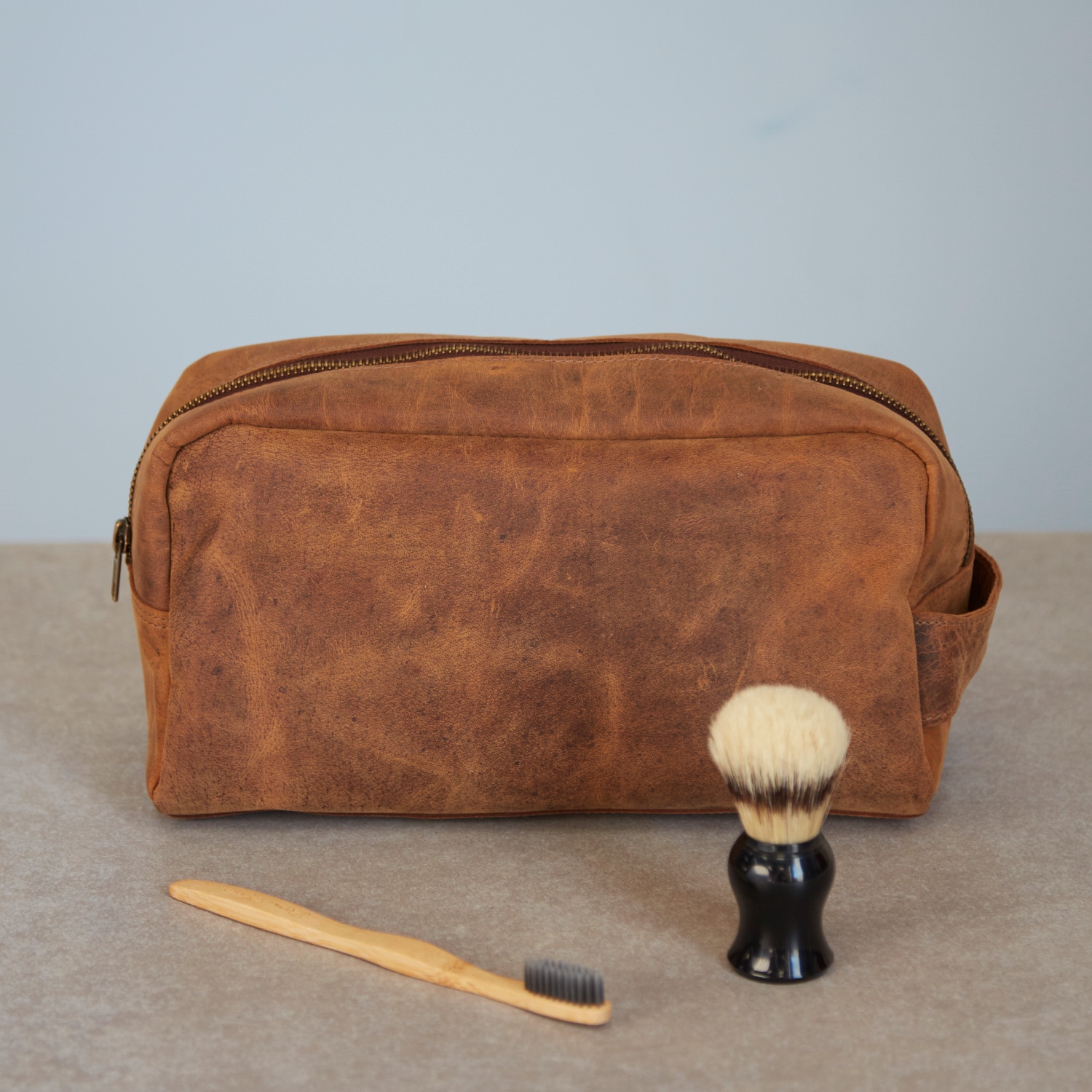 Paper High Large Brown Buffalo Leather Wash Bag