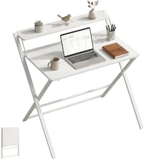 HOMCOM Folding Desk with 2-Tier Shelf for Home Office | White