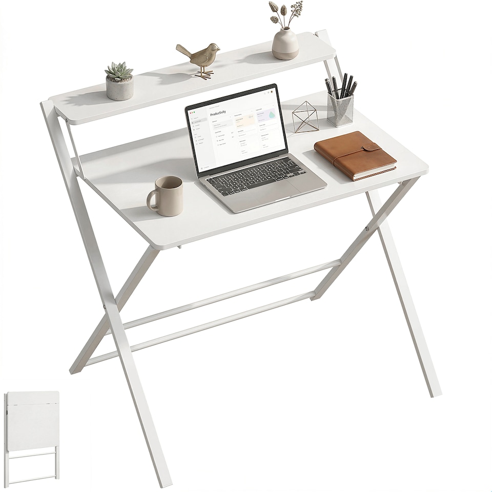 image 1 of HOMCOM Folding Desk with 2-Tier Shelf for Home Office | White