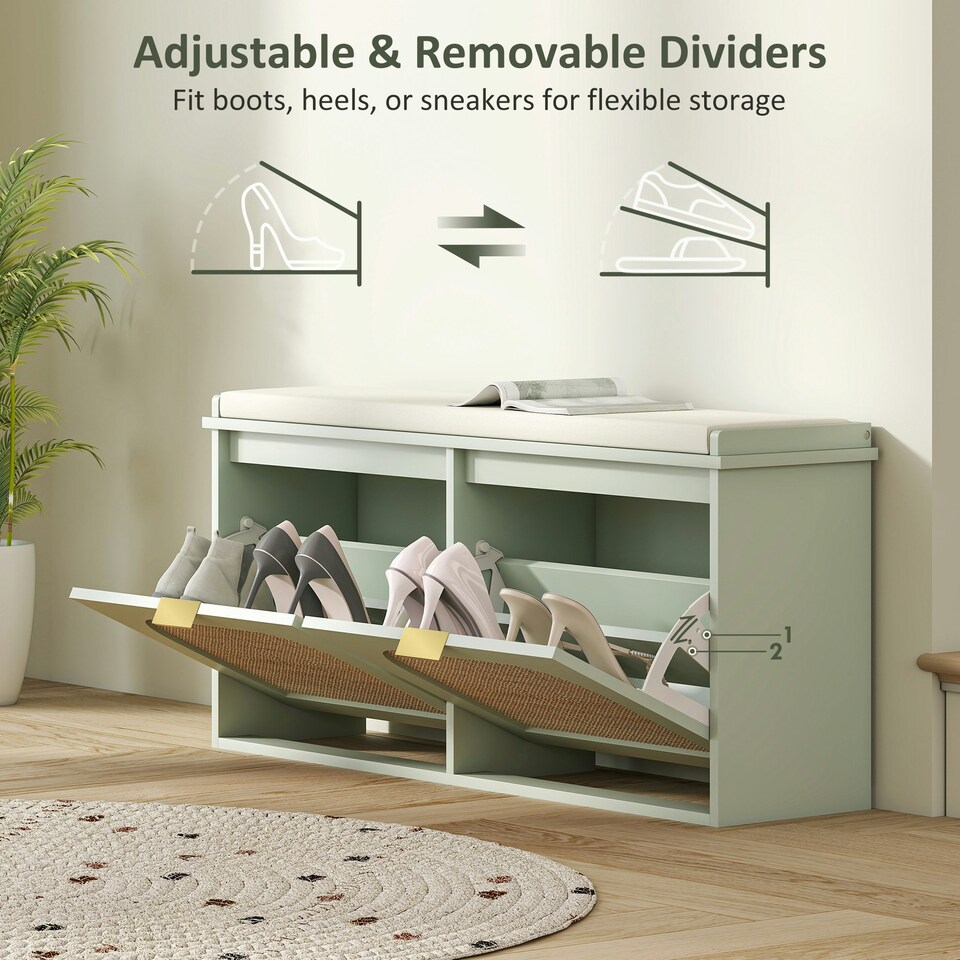 image 1 of HOMCOM Boho Shoe Bench with Padded Seat and 2 Flip-Drawers Green