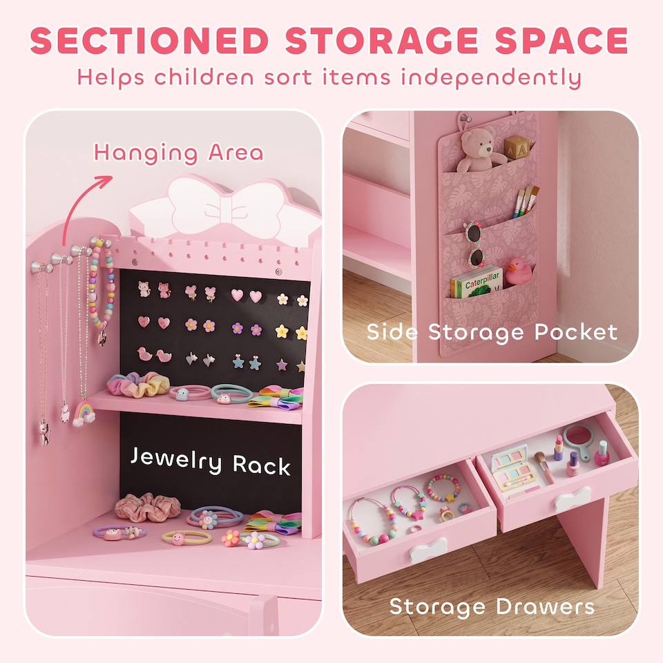 image 1 of AIYAPLAY Kids Dressing Table with Stool, 2-Colour Lights Mirror, Pink