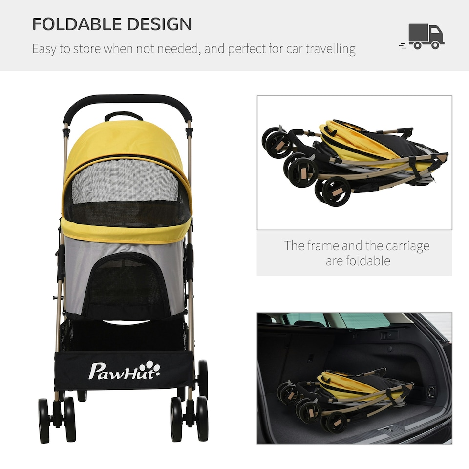 image 1 of PawHut 3 In 1 Pet Stroller, Detachable Dog Cat Travel Carriage - Yellow