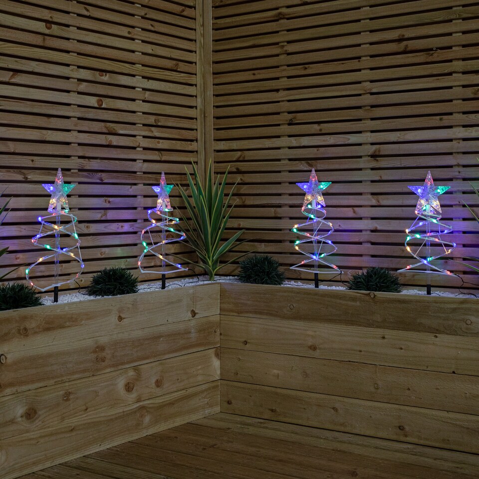image 1 of 45cm Set of 4 Light up White Spiral Christmas Tree Garden Path Lights with 100 Multi-Coloured LEDs