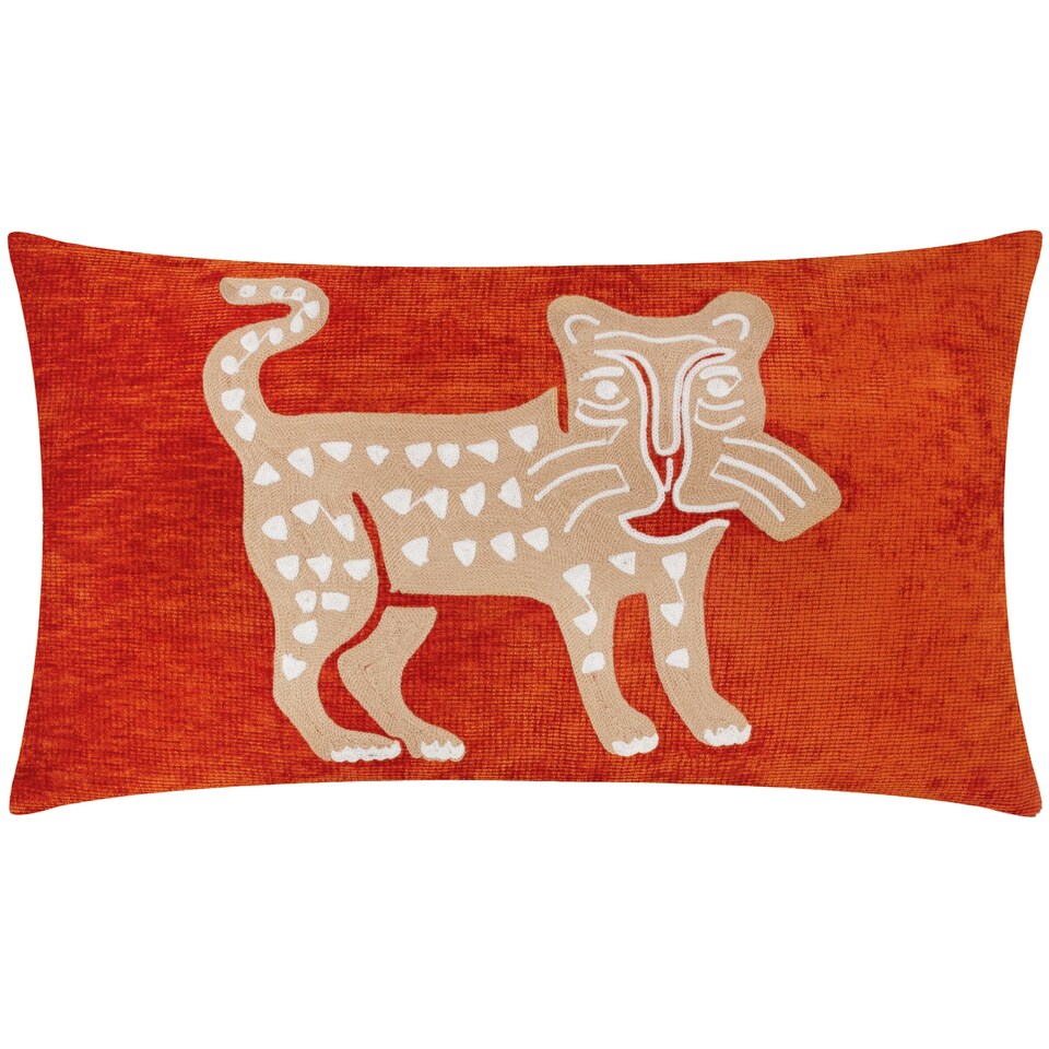 image 1 of Wylder Tropics Dynasty Leopard Embroidered Chenille Cushion, Rust Orange, 30 x 50cm