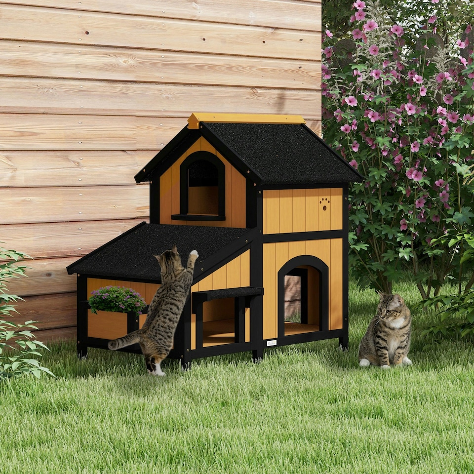 image 1 of PawHut Wooden Outdoor Cat House w/ Flower Pot, Windows, Multiple Entrances Yellow