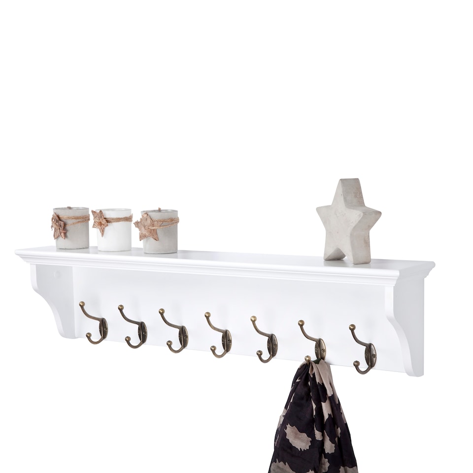 image 1 of Richmond White Wooden Wall Mounted Coat Rack - 7 Hooks, Shelf, Hallway, Bathroom | White