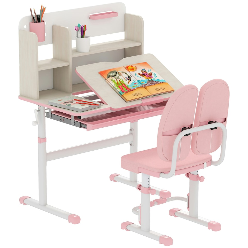 image 1 of HOMCOM Kids Desk and Chair Set with Storage Shelves, Washable Cover - Pink 