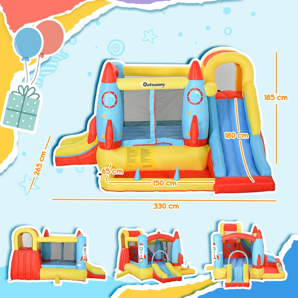 image 1 of Outsunny Bouncy Castle with Slide Pool Rocket Trampoline w/ Carrybag Blower