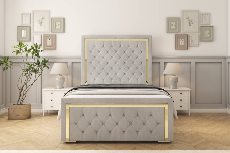 image 1 of Sloomy Sofia Gold Silver Naples Bed Frame With 50" Upholstered Headboard 6' Super King