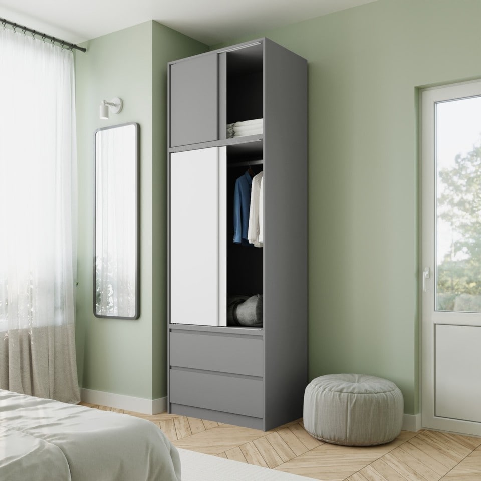 image 1 of 240cm 2 Sliding Doors Wardrobe Bedroom Storage Closet Hanging Rail Cupboard Unit | Multi | Grey Carcass & White Doors | 1