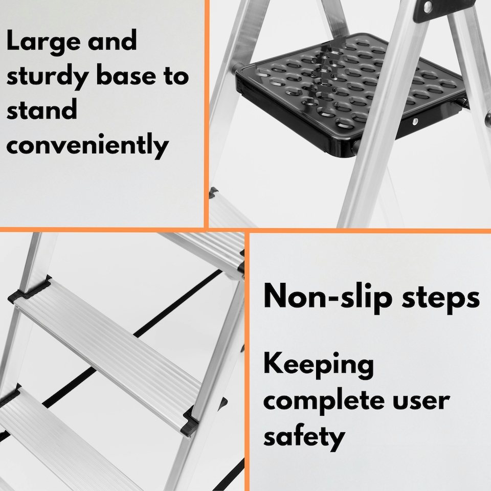 image 1 of Lightweight Step Ladders - Compact Aluminium Stepladder with Non-Slip Wide Step, Portable Silver Color - Tall Folding Ladder with Platform Silver | 6 - Step 181 cm