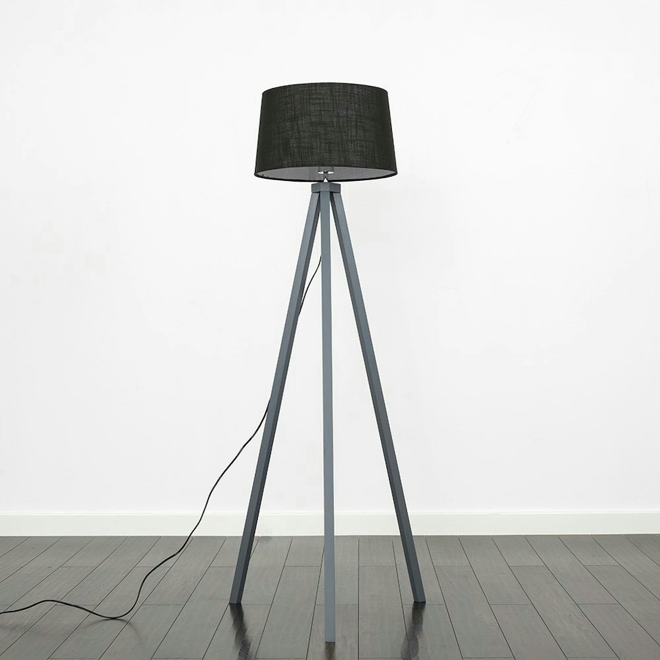 image 1 of ValueLights Modern Grey Wood Tripod Floor Lamp With Black Faux Linen Shade