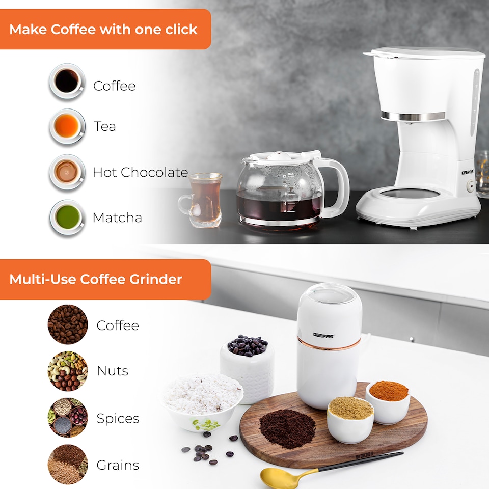image 1 of Geepas 1.5L Filter Coffee Machine and 80g Coffee Grinder Set White